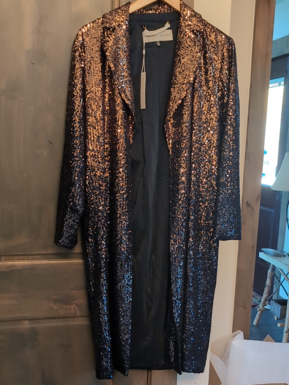 Trina Turk Black and Bronze Sequin Long Coat